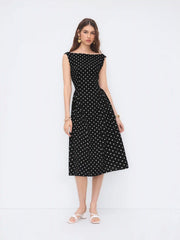 Linen-blend Boat Neck Polka Dot Backless Bowknot Midi Dress