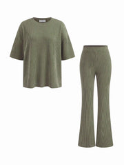 Round Neckline Stripe Tee & Mid Rise Flared Trousers Loungewear Set