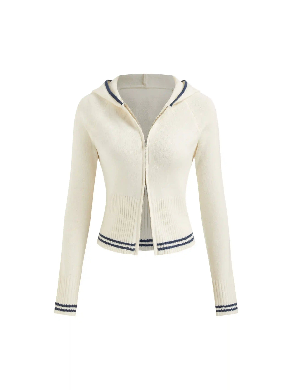 Knit Hooded Long Sleeve Contrasting Binding Zip Through Cardigan