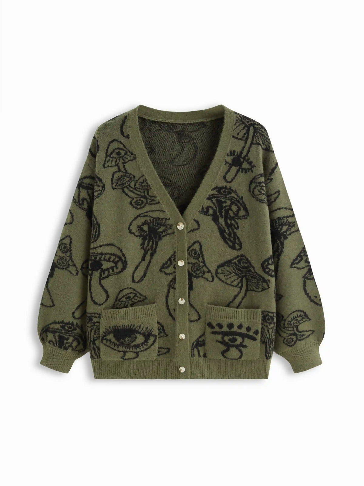 Knit V-neck Mushroom Graphic Cardigan Curve & Plus