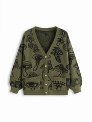 Knit V-neck Mushroom Graphic Cardigan Curve & Plus