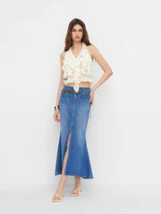 Stretch Cider Denim Low Rise Split Mermaid Maxi Skirt
