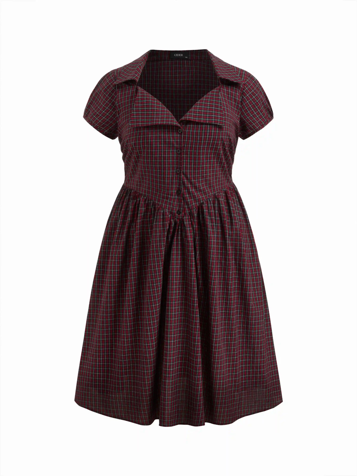 Cotton-blend Sweetheart Puff Sleeve Plaid Buckle Midi Dress Curve & Plus