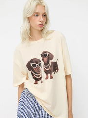 Cotton-blend Dachshund Puppies Graphic Oversized Tee