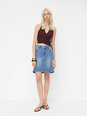 Stretch Cider Denim Low Rise Mermaid Pleated Mini Skirt