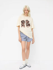 Cotton-blend Dachshund Puppies Graphic Oversized Tee