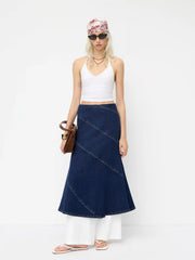 Stretch Denim Mid Rise Mermaid Maxi Skirt