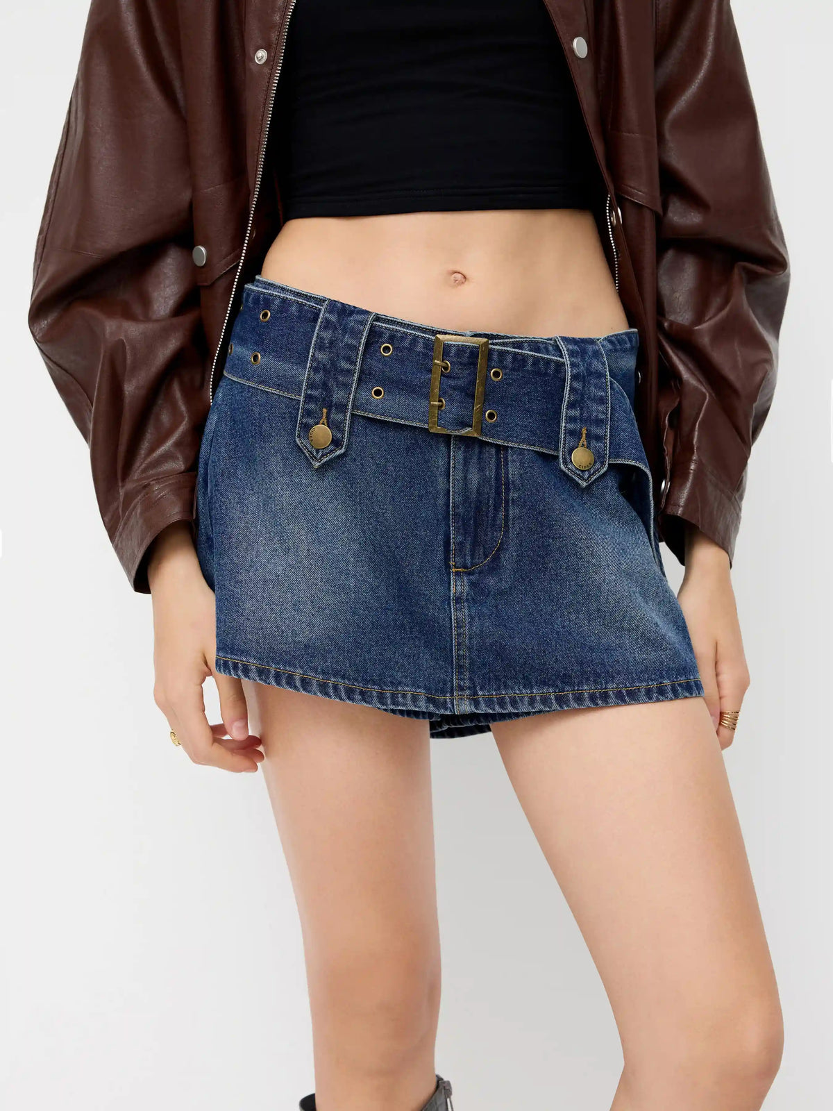 Denim Low Rise Mini Skort With Belt