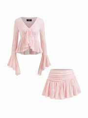 Lace V-neck Pointelle Bell Sleeve Crop Top With Ruched Mini Skirt Set