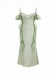 Two Way Satin V-neck Backless Ruffle Hem Maxi Dress Curve & Plus