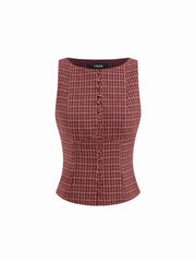 Cotton Boat Neck Plaid Backless Cut Out Tank Top