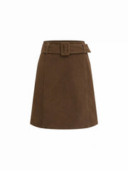 Suede Mid Rise A-line Midi Skirt With Belt