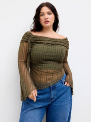 Off-shoulder Lace Drawstring Asymmetrical Hem Top Curve & Plus