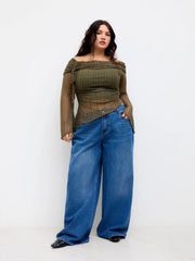 Off-shoulder Lace Drawstring Asymmetrical Hem Top Curve & Plus