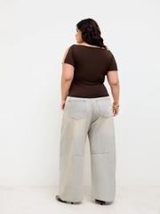 Boat Neck Twisted Split Sleeve Top Curve & Plus