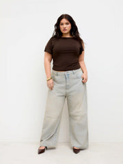 Boat Neck Twisted Split Sleeve Top Curve & Plus