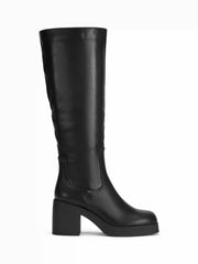 SQUARE TOE CHUNKY HEELED FAUX LEATHER KNEE HIGH BOOTS