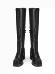 SQUARE TOE CHUNKY HEELED FAUX LEATHER KNEE HIGH BOOTS