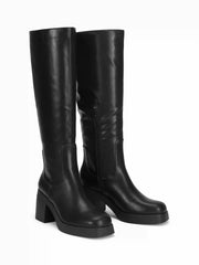 SQUARE TOE CHUNKY HEELED FAUX LEATHER KNEE HIGH BOOTS