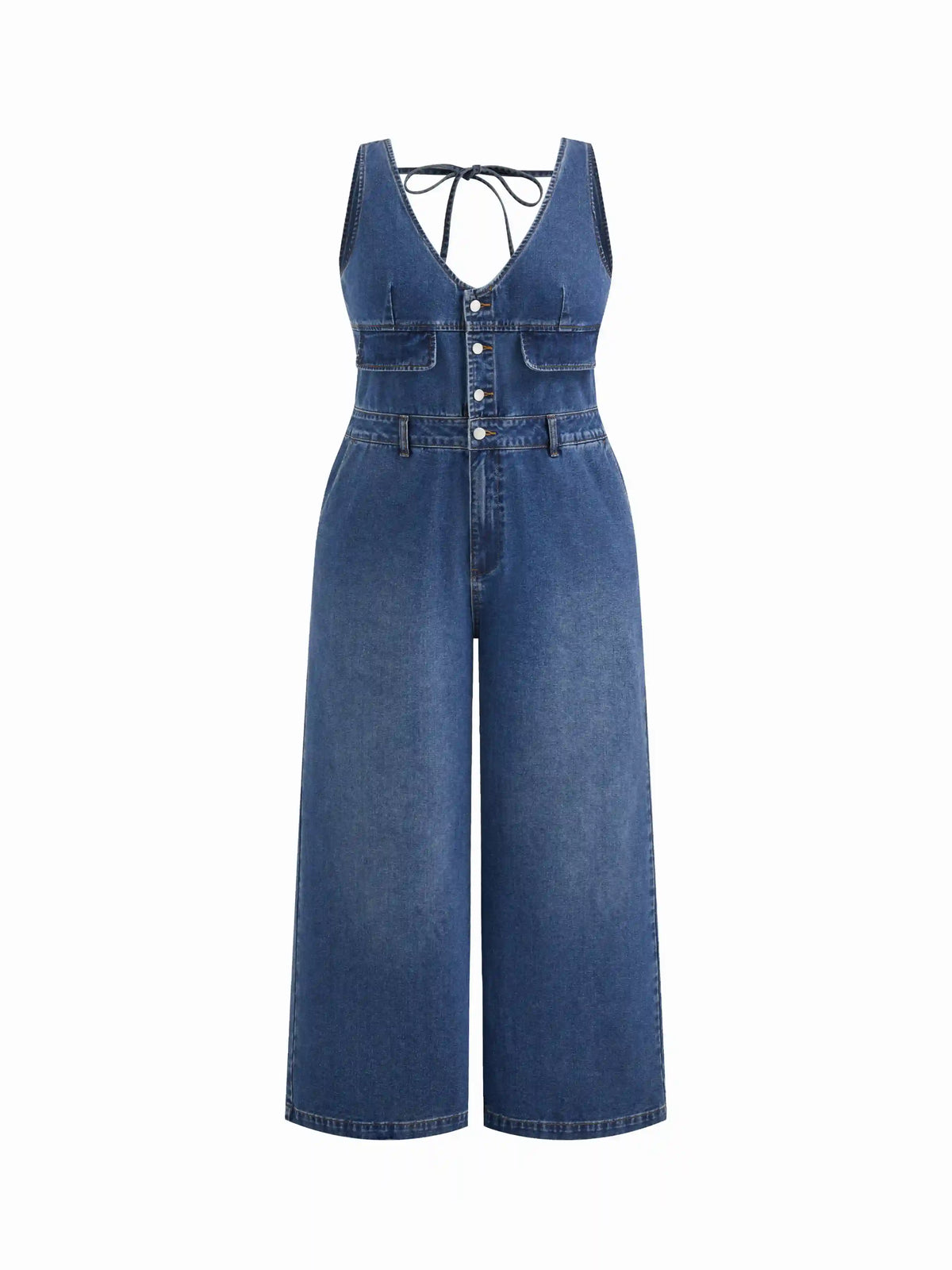 Cider Denim V-neck Knotted Wide Leg Jumpsuit Curve & Plus