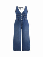 Cider Denim V-neck Knotted Wide Leg Jumpsuit Curve & Plus