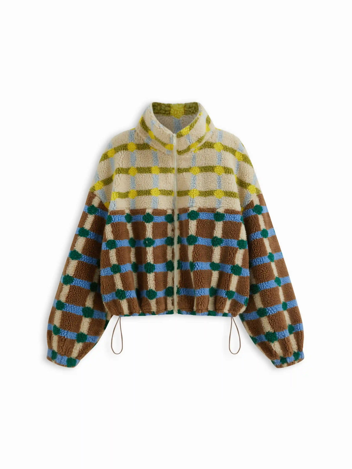 Fleece High Neck Two Tone Checks Drawstring Oversized Jacket