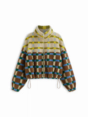 Fleece High Neck Two Tone Checks Drawstring Oversized Jacket