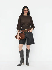 Knit Round Neck Lantern Sleeve Oversized Sweater
