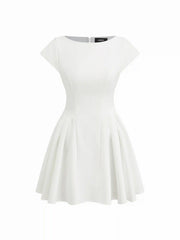 Sculptural Boat Neck Short Sleeve Cut Out Backless Ruffle Mini Dress