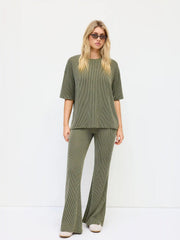 Round Neckline Stripe Tee & Mid Rise Flared Trousers Loungewear Set