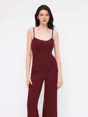 Built-in Bra Square Neck Lace Trim Cami Top & Mid Rise Straight Leg Trousers Loungewear Set