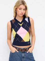Knit V-neck Argyle Pattern Contrasting Binding Vest