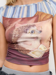Cotton-blend Boat Neck Hedgehog Graphic Ruched Short Sleeve Tee