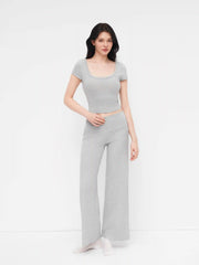 Built-in Bra Scoop Neckline Top & Mid Rise Straight Leg Trousers Loungewear Set
