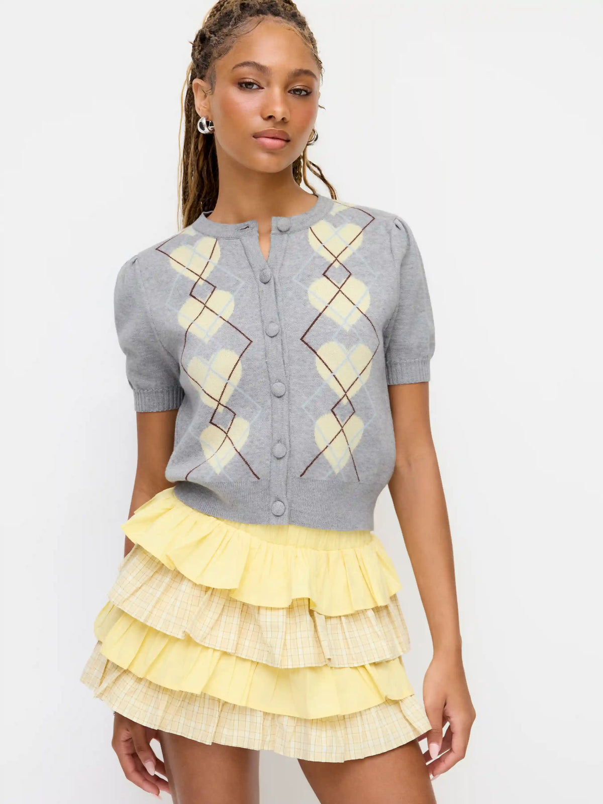 Knit Argyle Heart Pattern Button Short Sleeve Cardigan