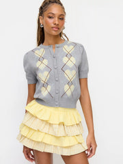 Knit Argyle Heart Pattern Button Short Sleeve Cardigan