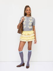 Knit Argyle Heart Pattern Button Short Sleeve Cardigan