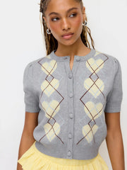 Knit Argyle Heart Pattern Button Short Sleeve Cardigan