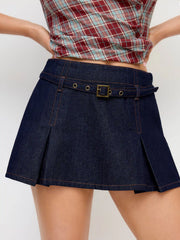 Denim Low Rise Buckle Mini Skirt With Belt