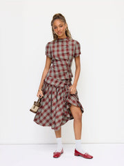 Mid Rise Tartan Lettuce Trim Knotted Midi Skirt