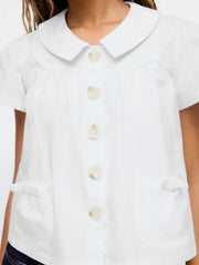 Cotton-blend Peter Pan Collar Bowknot Pocket Button Oversized Blouse