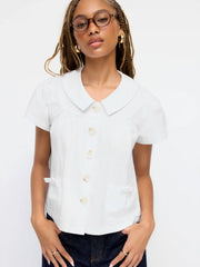 Cotton-blend Peter Pan Collar Bowknot Pocket Button Oversized Blouse