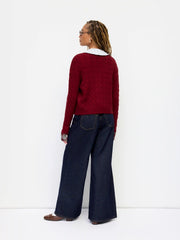 Cable Knit Round Neckline Patched Tartan Button Cardigan