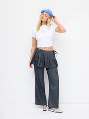 Cotton-blend Two Piece Houndstooth Low Rise Wide Leg Trouser-Skirt