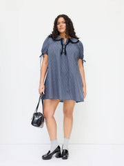 Cotton-blend Peter Pan Collar Plaid Lace Trim Puff Sleeve Knotted Mini Dress Curve & Plus