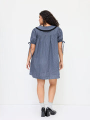 Cotton-blend Peter Pan Collar Plaid Lace Trim Puff Sleeve Knotted Mini Dress Curve & Plus