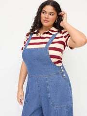 Denim Pleated Belted Shoulder Straps Jumpsuit Curve & Plus