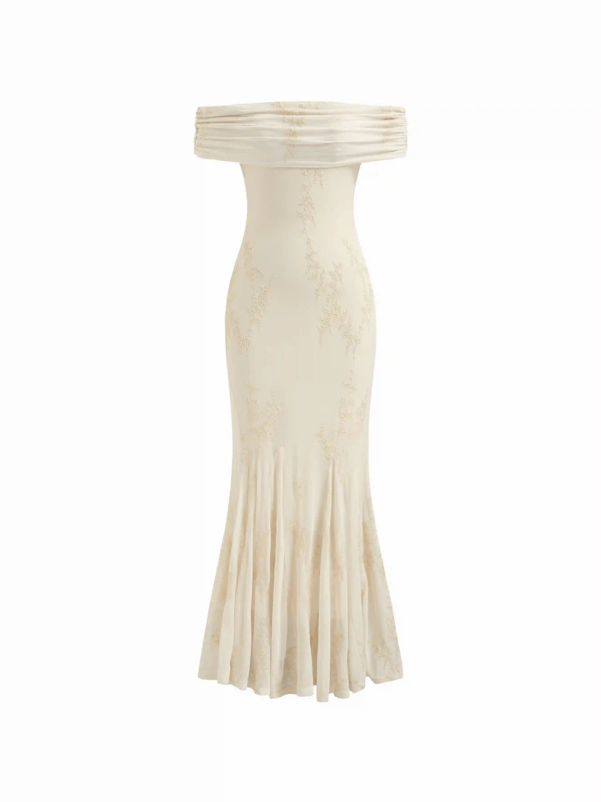 Mesh Floral Off-shoulder Ruched Mermaid Maxi Dress