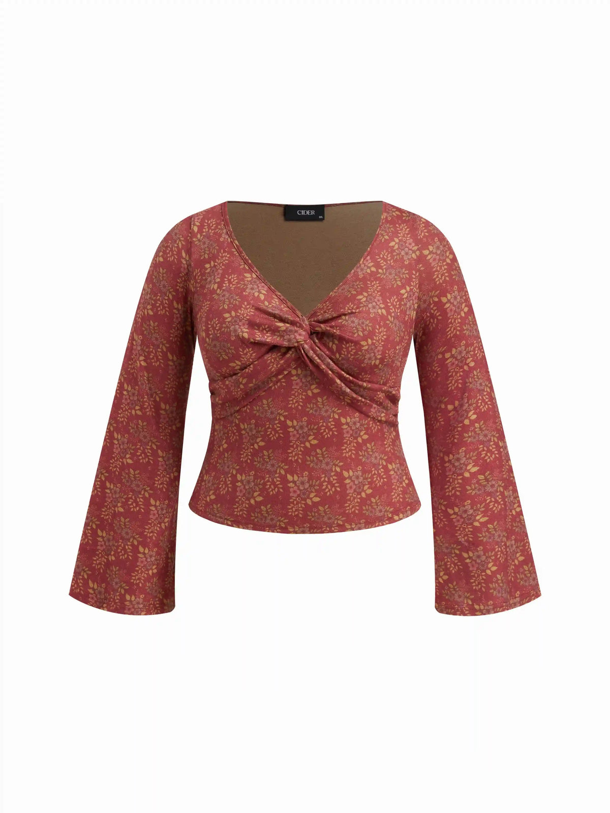 V-neck Floral Twist Long Sleeve Top Curve & Plus