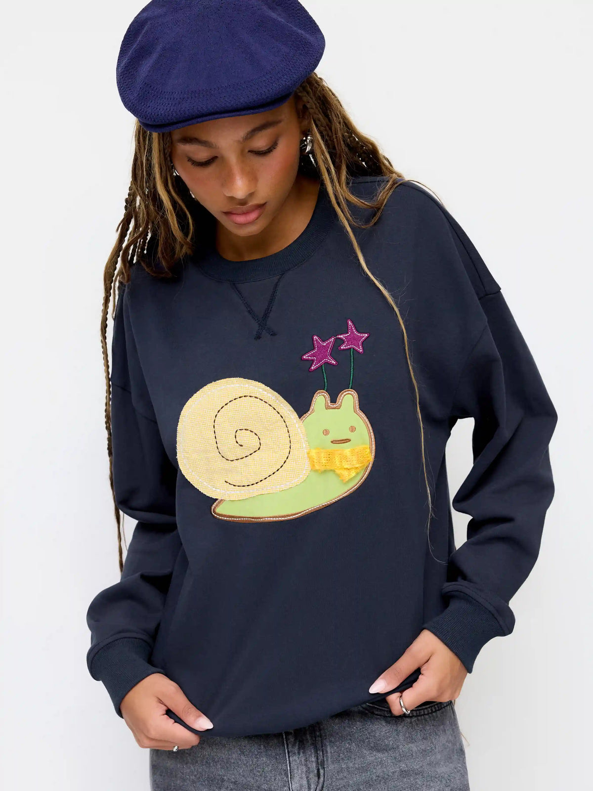 Terry Round Neckline Snail Applique Oversized Sweatshirt